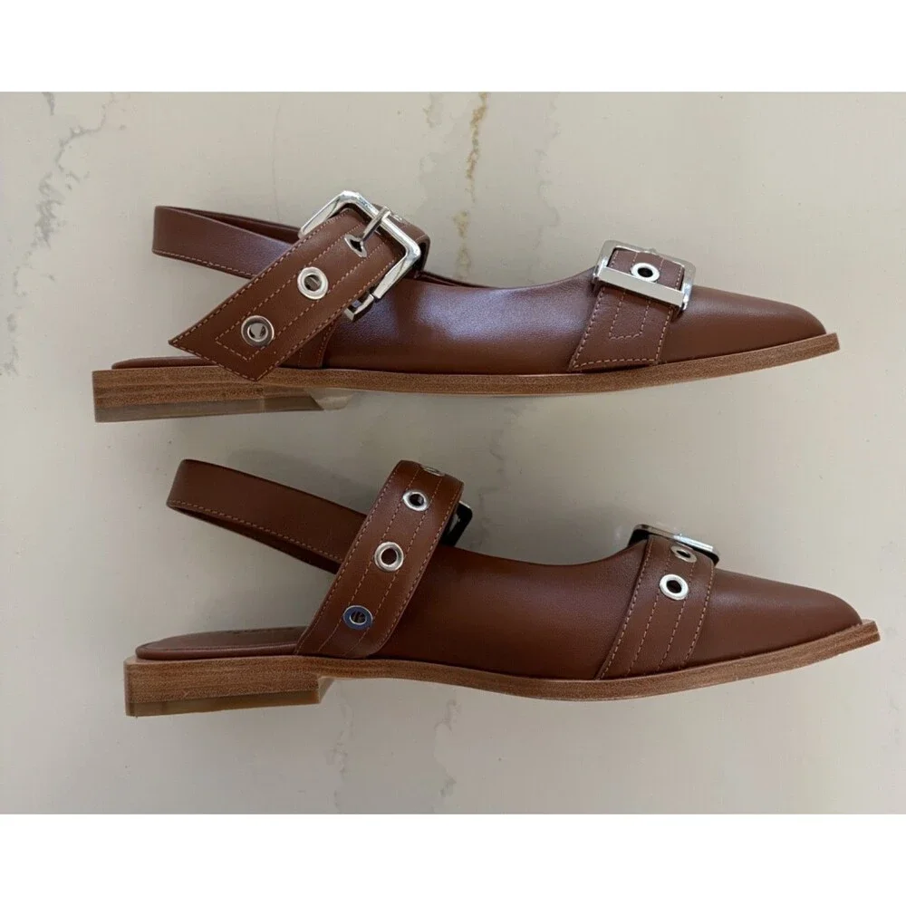 New Quince Women Italian Leather Bold Buckle Slingback Flat Cognac Shoes 8